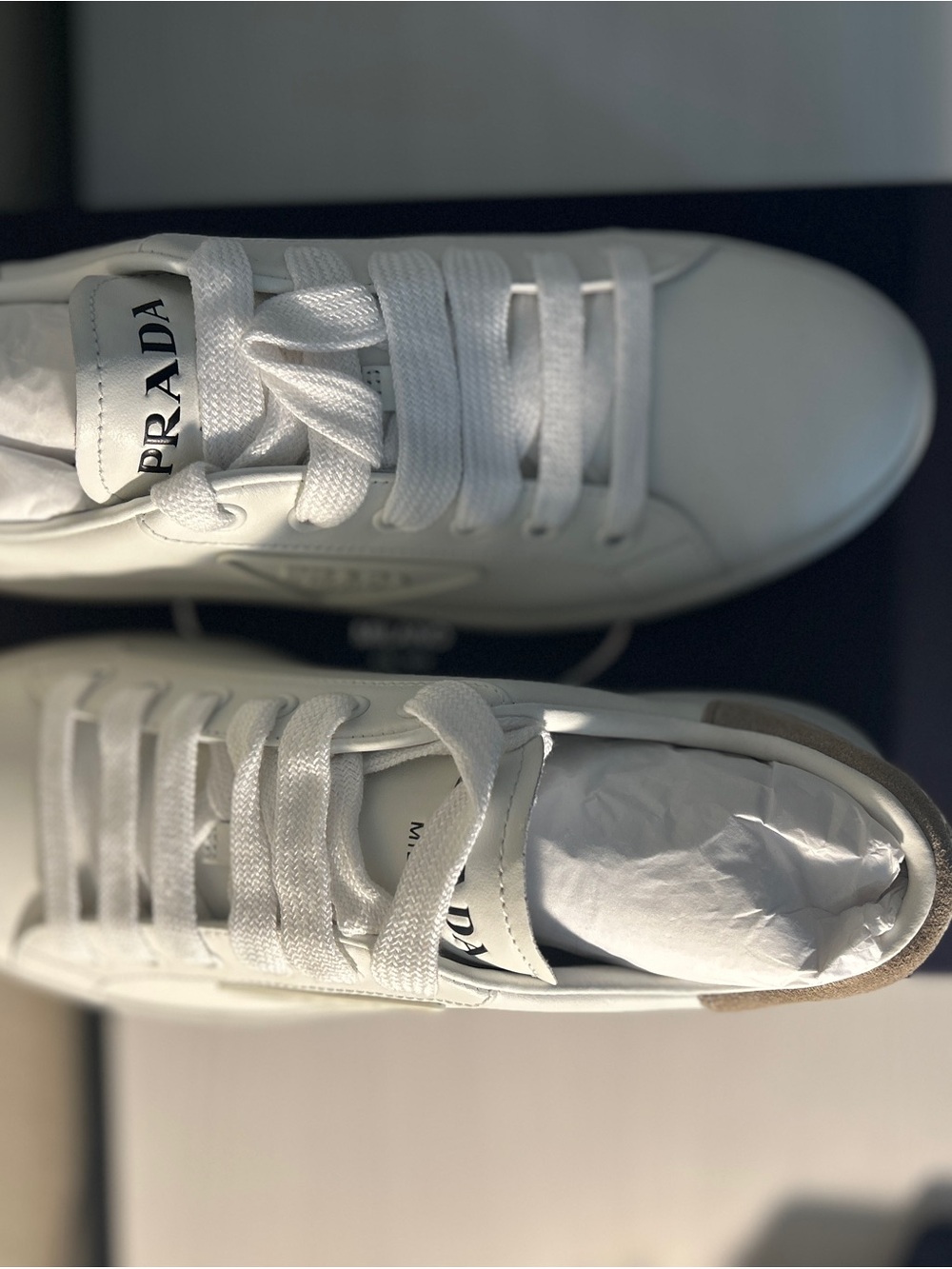 Prada White Leather Women’s Sneakers with Tan Sole and Gray Heel Tab - Picture 3 of 5